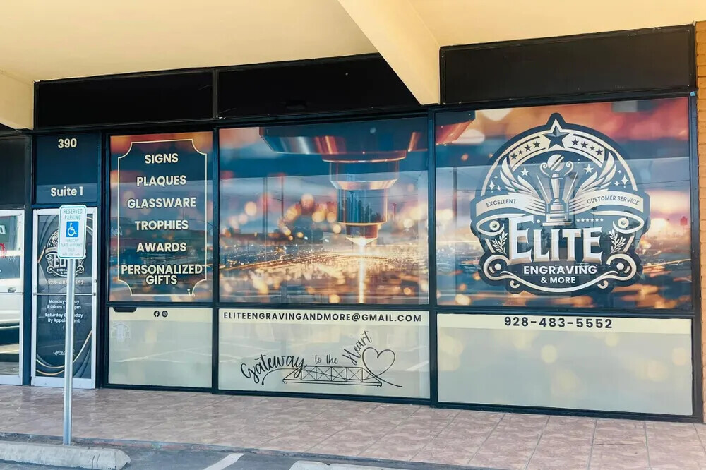 Storefront windows covered with full-color window perfs